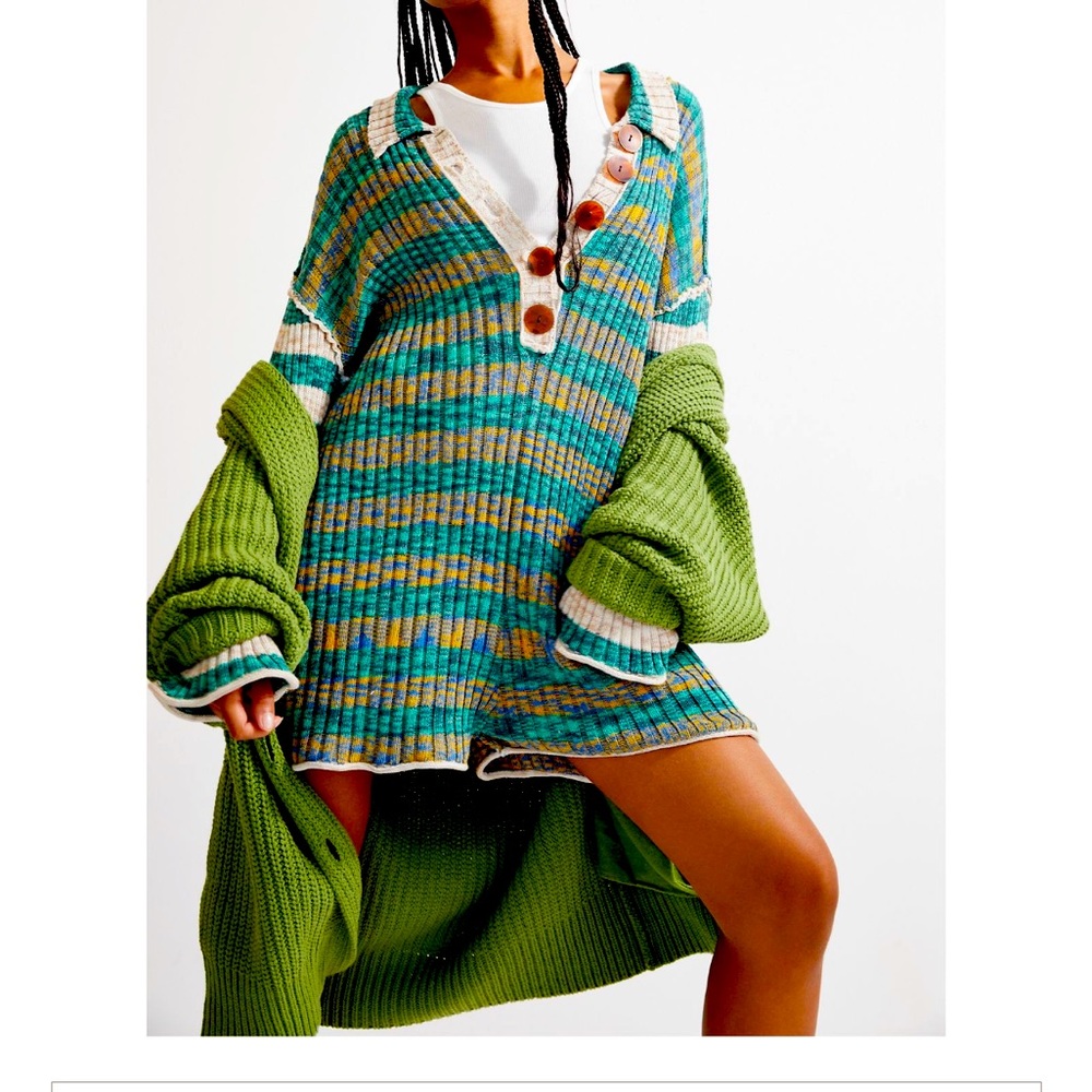 Free People Wendy Ribbed striped buttoned romper with collar.